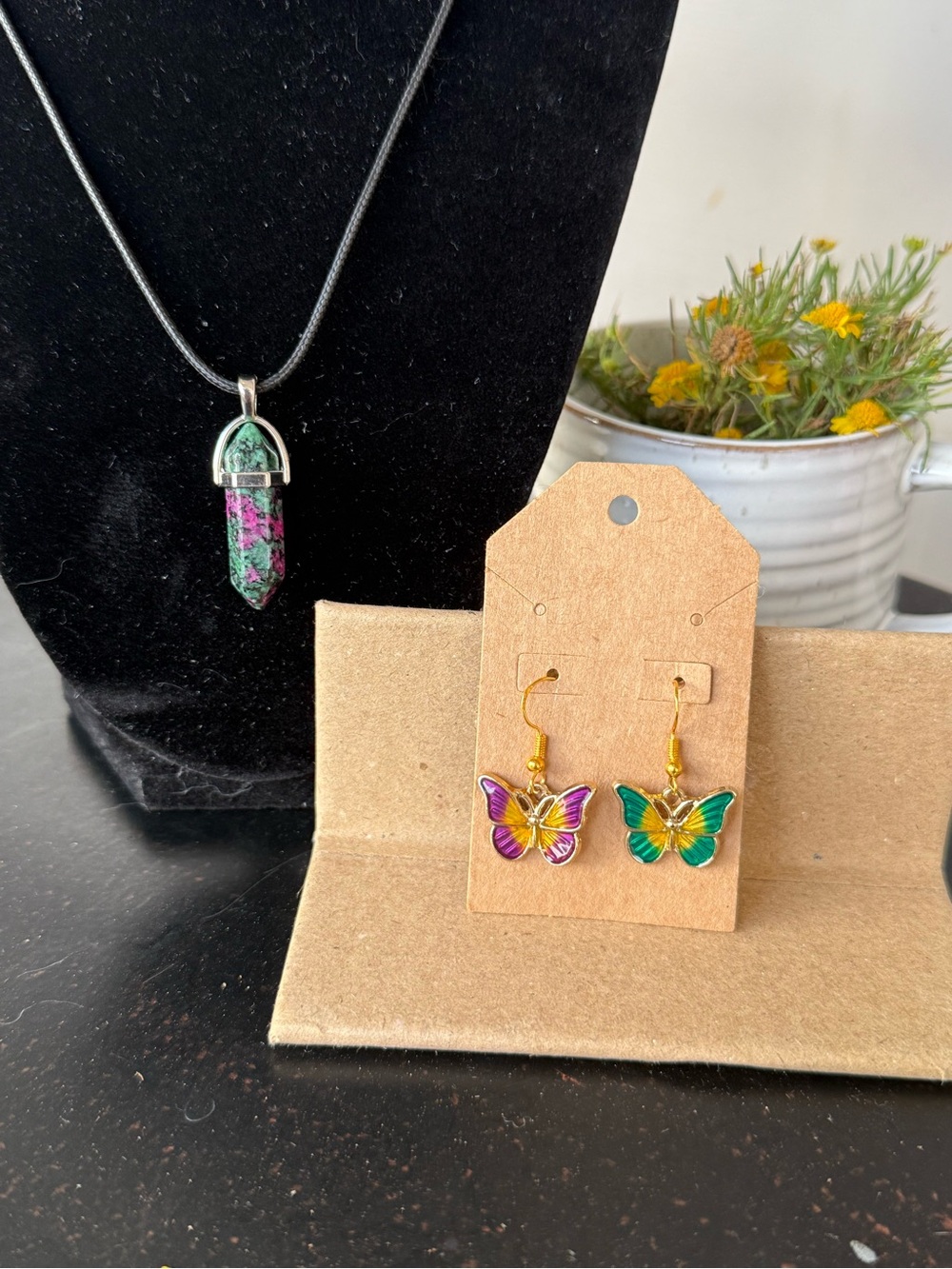 Handmade Multicolor Butterfly Earrings and Green Pink Stone Pendant Set